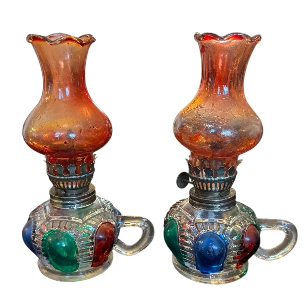 Vintage Glass Oil Lamps with Colorful Accents - Picture 1 of 7